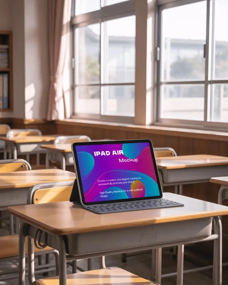 Ipad Air Mockup On School Desk With Keyboard Case In Sunlit Classroom Setting