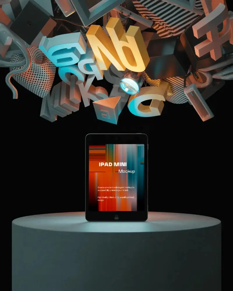 Ipad Mini Mockup On Round Pedestal With Floating 3d Letters And Creative Shapes