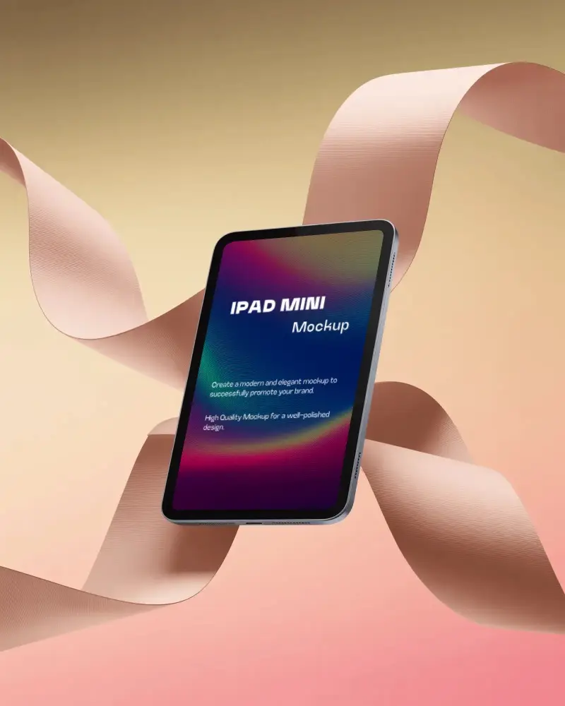 Artistic Ipad Mini Mockup Digital Tablet Hovering With Ribbon Abstract Pastel Gradient