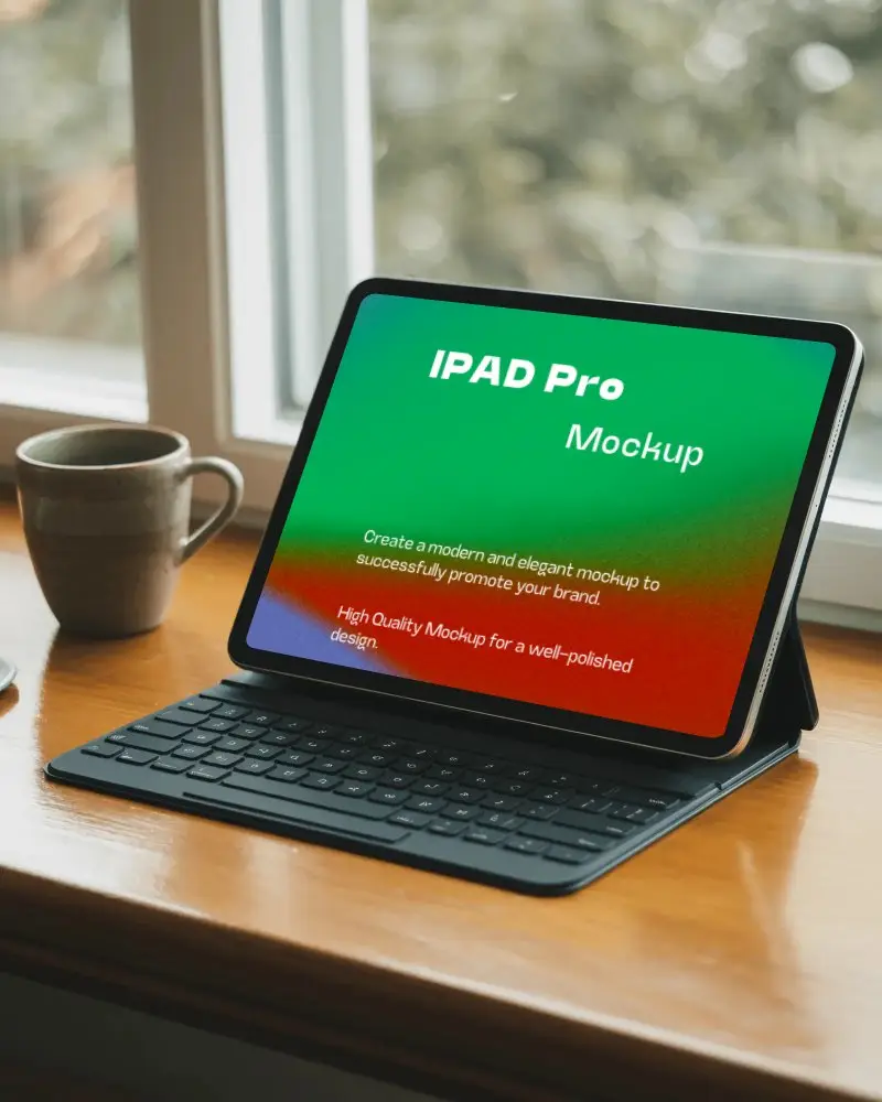 Lifestyle Ipad Pro Mockup Digital Tablet On Desk By Window With Coffee And Keyboard