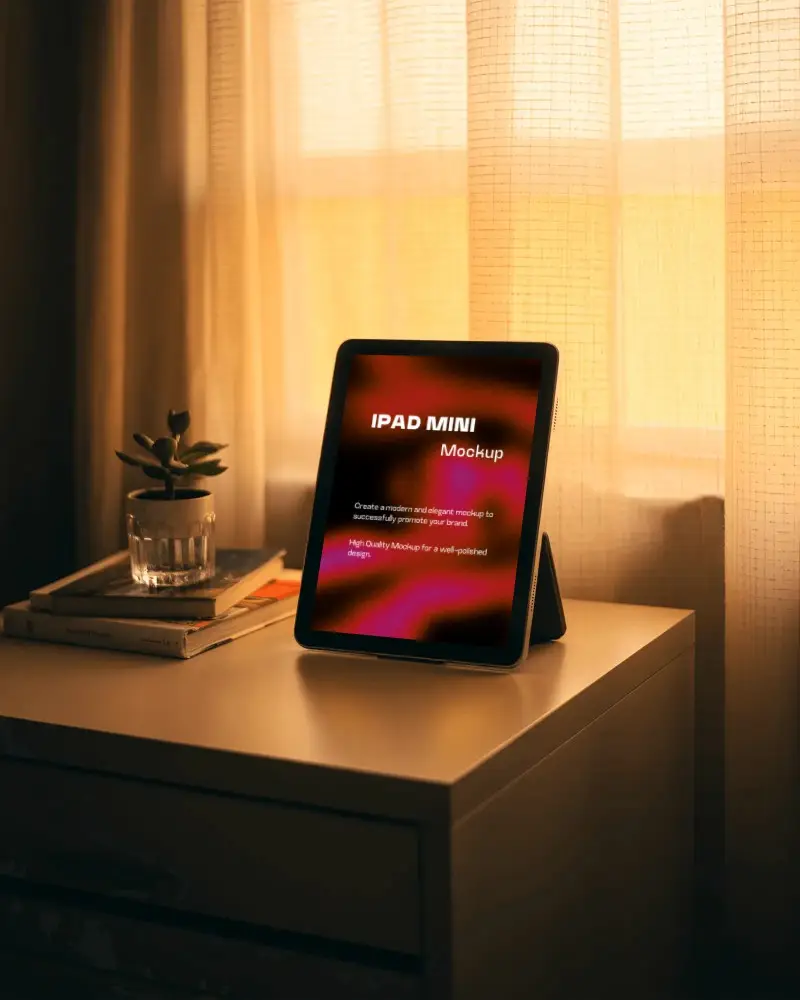 Ipad Mini Mockup On Bedside Table With Books Plant And Cozy Evening Light