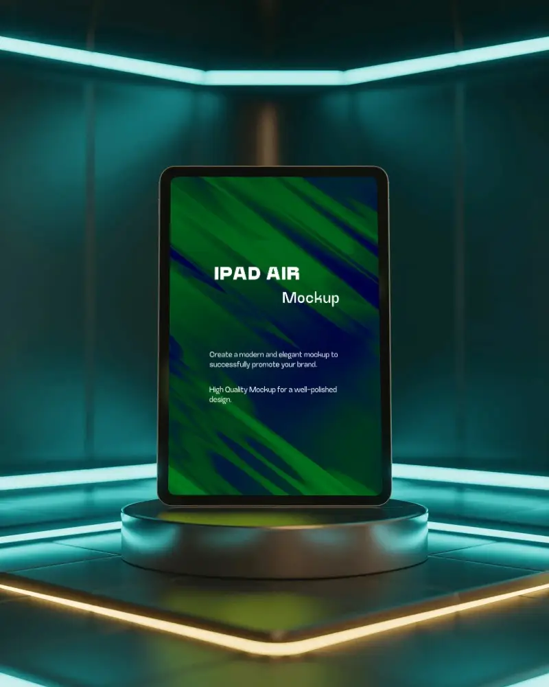 Modern Ipad Air Mockup Digital Tablet Showcase In High Tech Neon Lighting Room