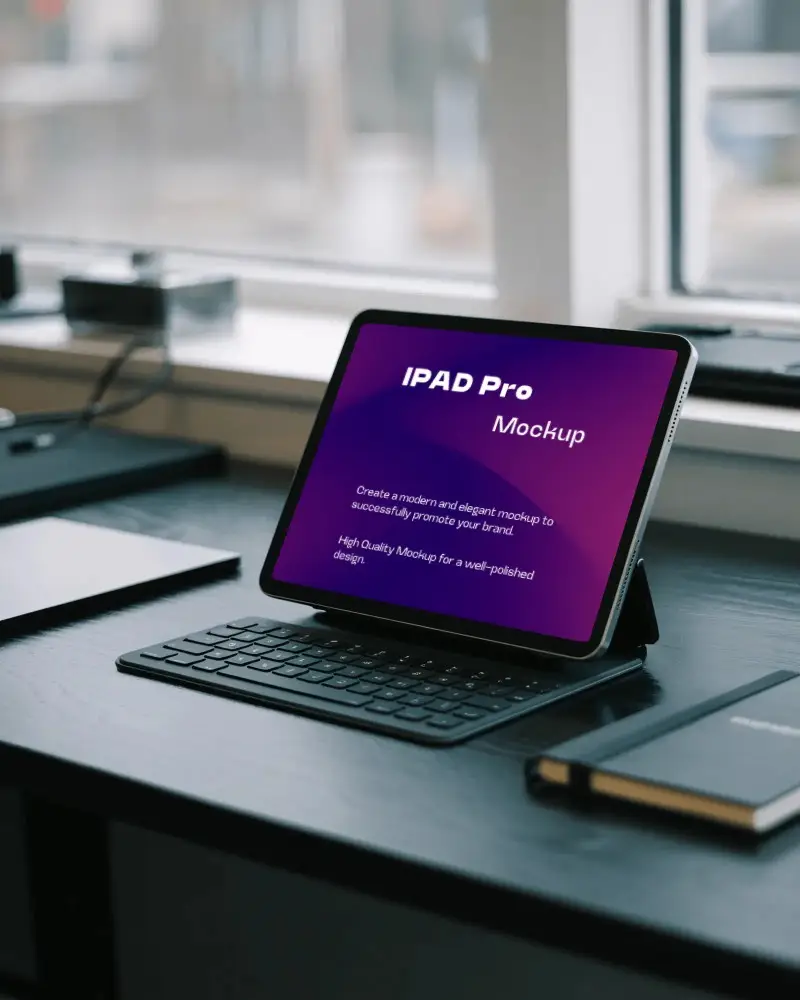Ipad Pro Mockup On Modern Work Desk With Keyboard Case And Minimalist Office Setup