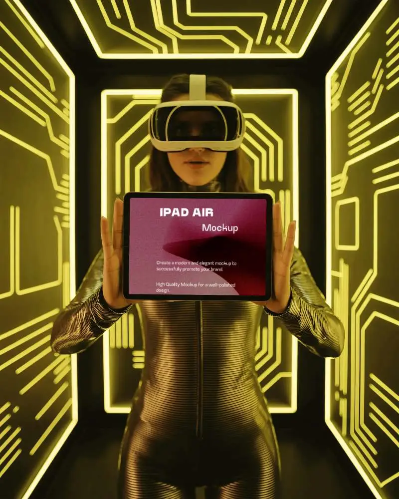 Futuristic Ipad Air Mockup With Vr Headset Model In Cyberpunk Yellow Digital Room