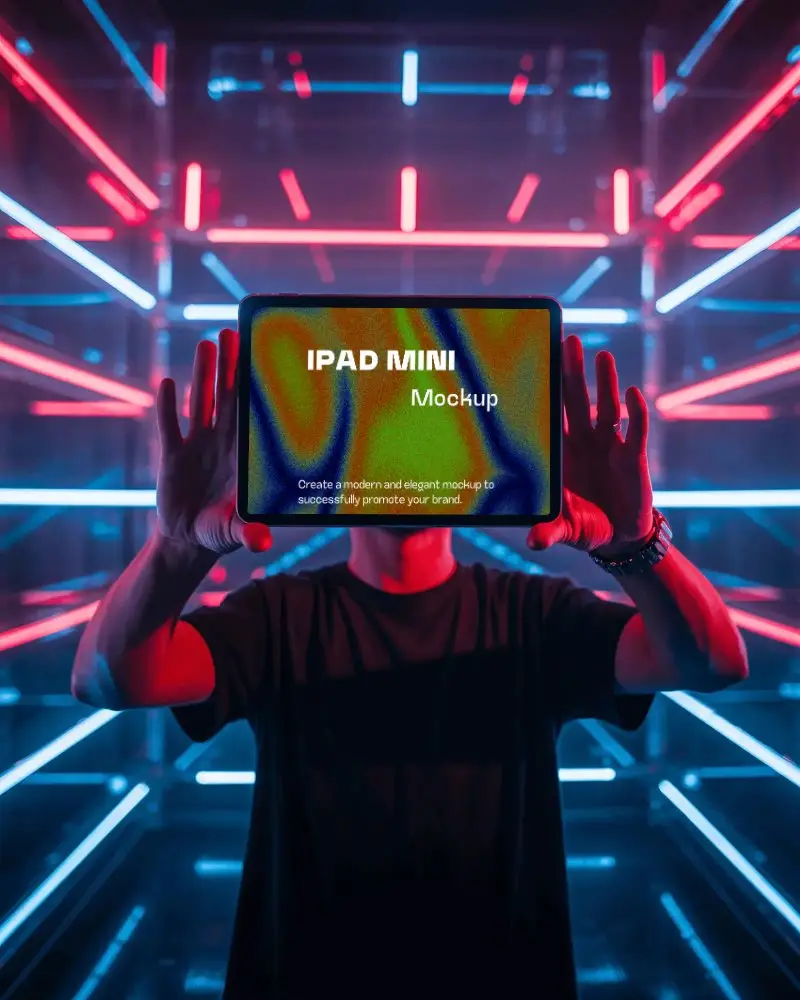 Cyberpunk Ipad Mini Mockup With Red And Blue Neon Glow Modern Digital Display Scene