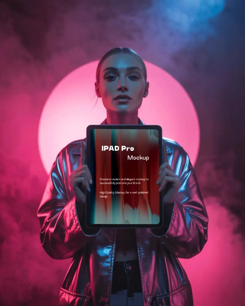 Ipad Pro Mockup Held By Woman In Metallic Jacket With Neon Pink And Blue Smoke Background