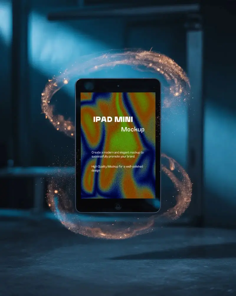 Ipad Mini Mockup Floating In Dark Blue Space With Glowing Orange Energy Rings