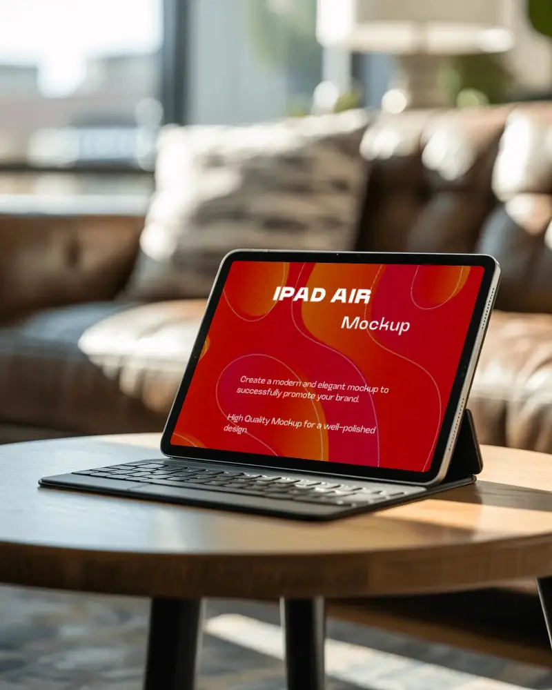 Ipad Air Mockup On Wooden Table With Keyboard In Modern Cozy Living Room