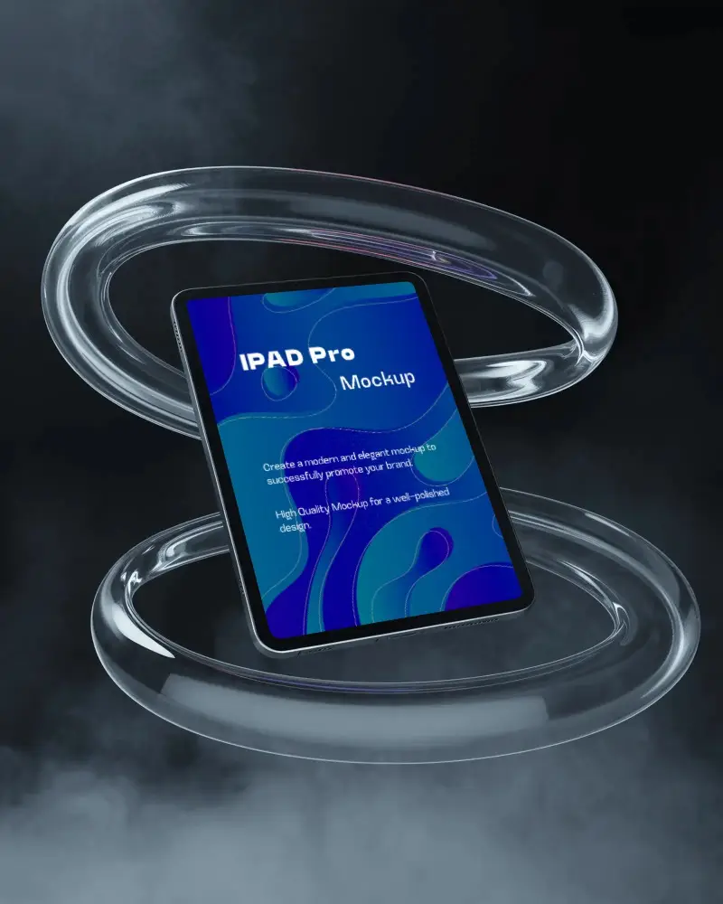 Elegant Ipad Pro Mockup In Surreal 3d Space With Transparent Glass Shapes