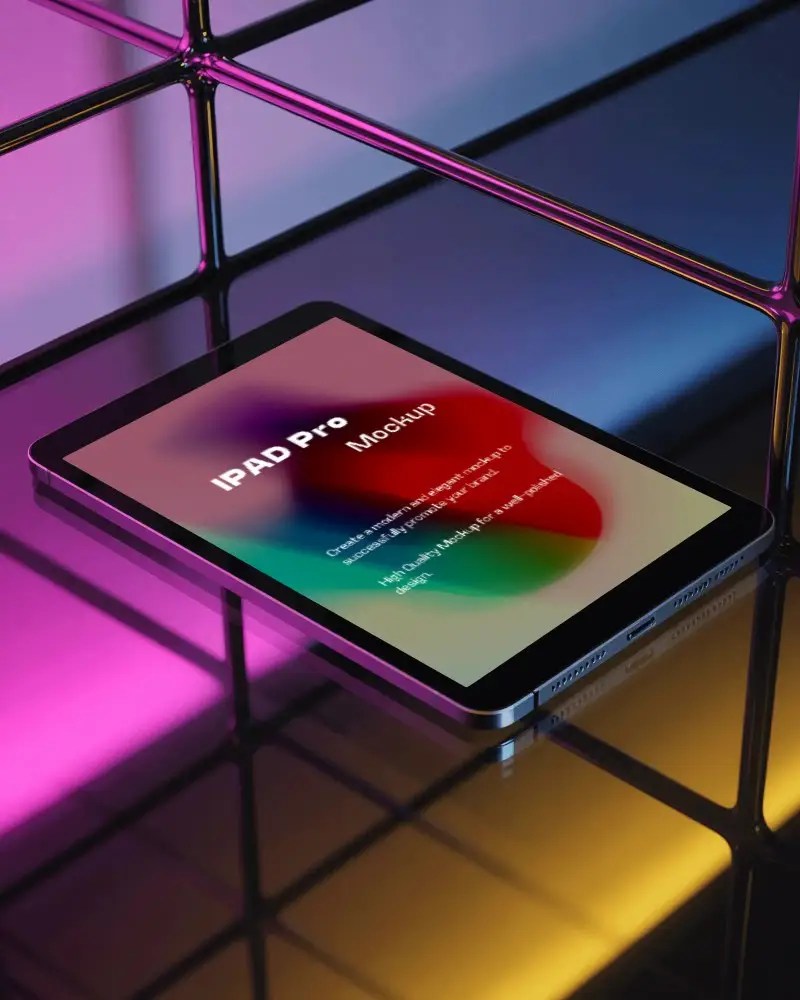 Ipad Pro Mockup On Glossy Reflective Surface With Colorful Neon Light Grid Background
