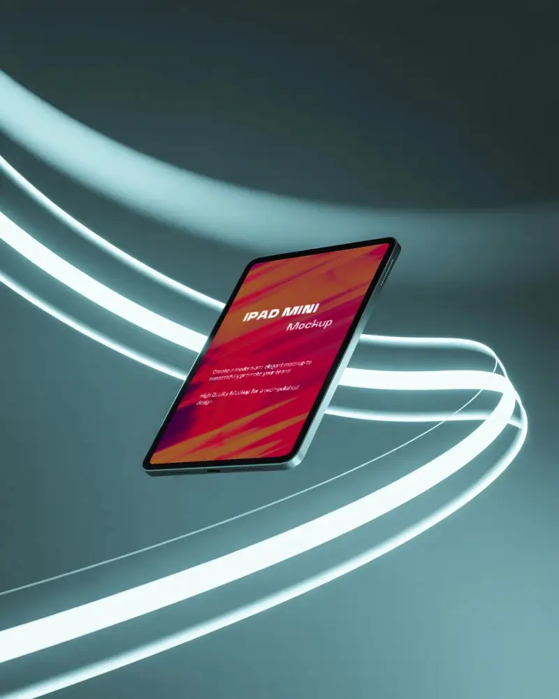 Futuristic Ipad Mini Device Hovering Above Abstract Background With Curved Luminous Light Streaks