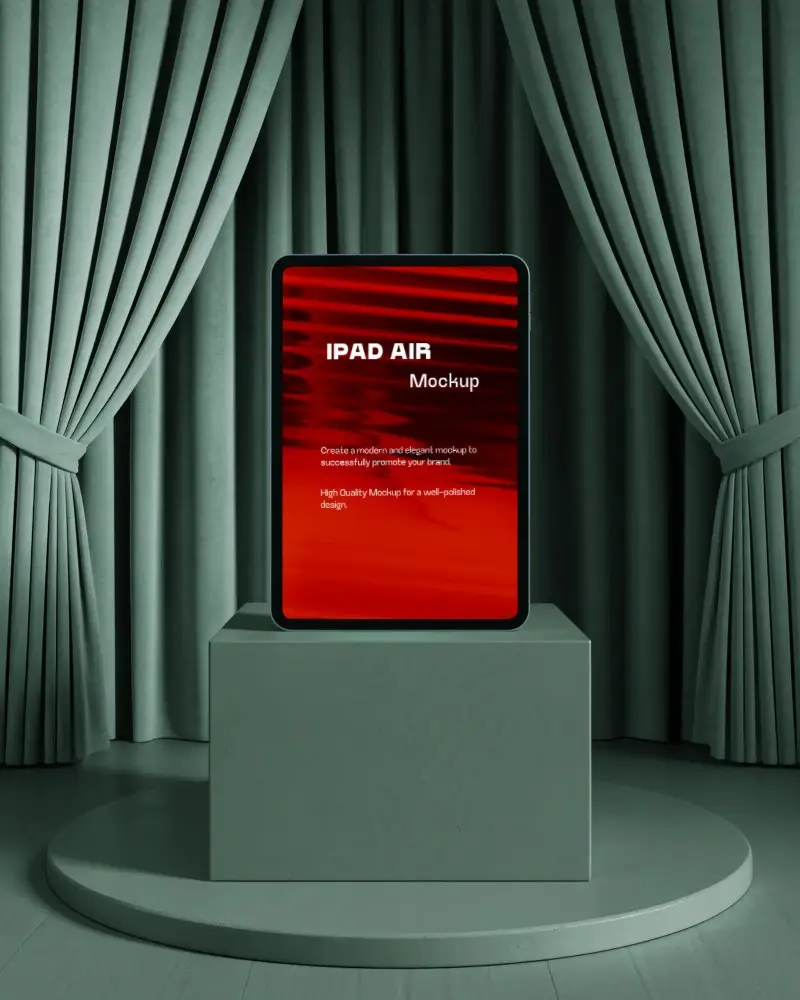 Ipad Air Digital Tablet Mockup On Pedestal With Draped Stage Curtains Minimalist 3d Studio Showcase
