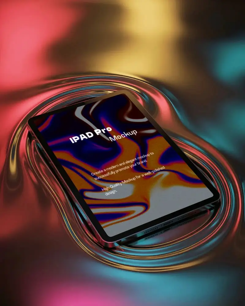 Ipad Pro Mockup Lying On Surface Surrounded By Colorful Liquid Light Waves Futuristic Scene