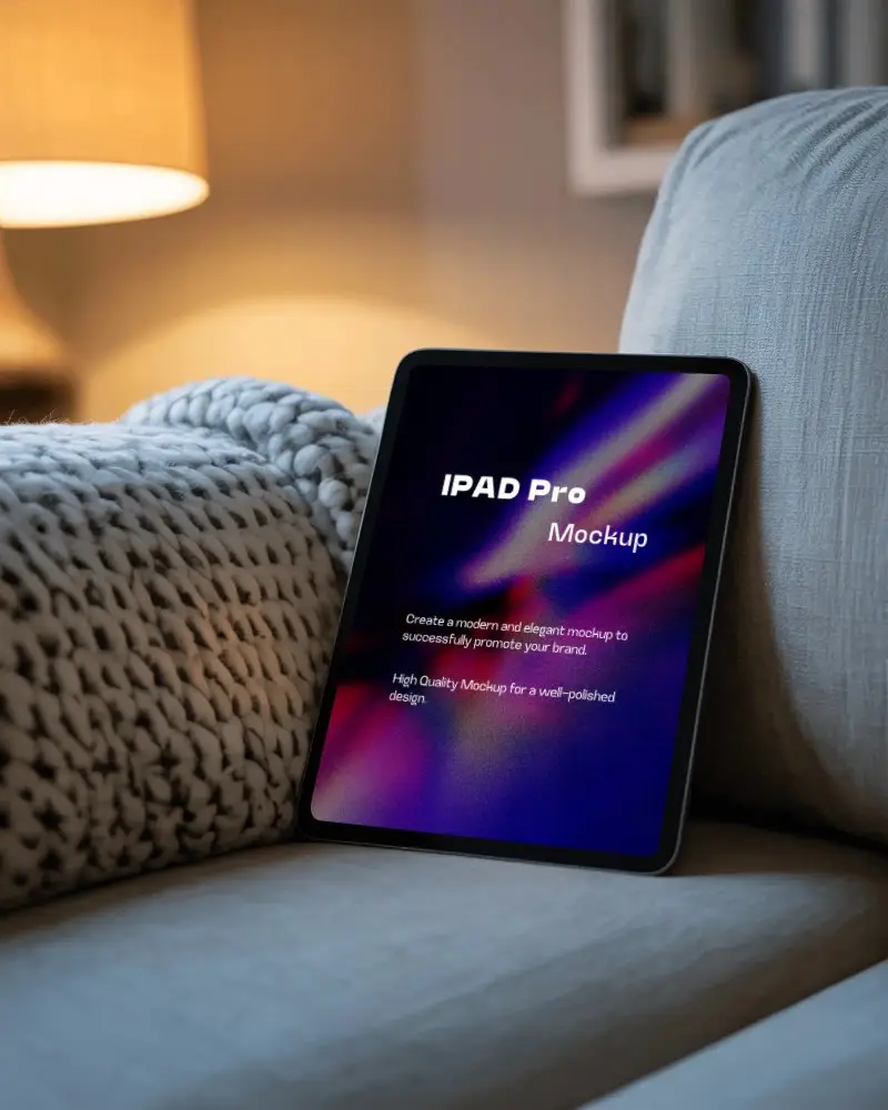 Ipad Pro Digital Tablet Mockup On Cozy Sofa With Knitted Blanket And Warm Lamp Lighting