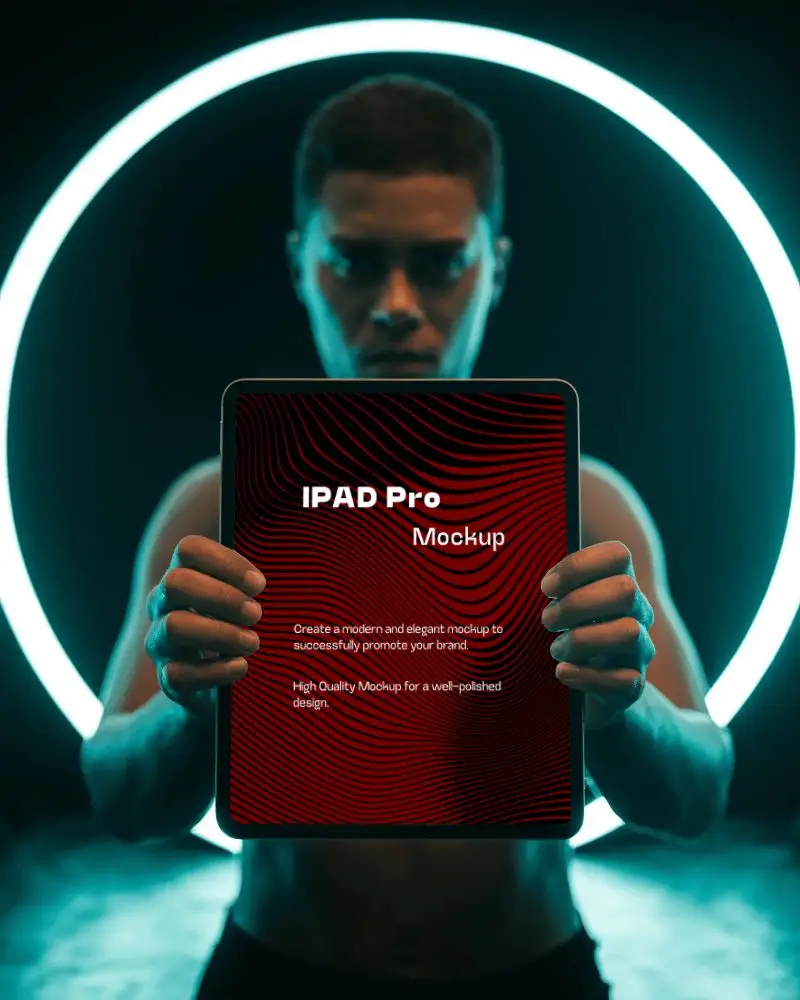 Ipad Pro Mockup Held By Man With Glowing Neon Circle Background Digital Showcase