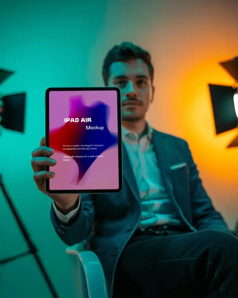 Professional Ipad Air Mockup Man Holding Device In Cinematic Photo Shoot Environment