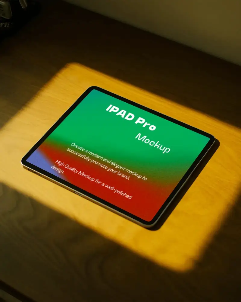 Ipad Pro Flat Mockup On Wooden Surface With Bright Light Shadows Minimal Elegant Presentation
