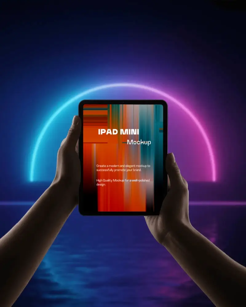 Ipad Mini Mockup Held In Hands With Neon Glow Half Circle Background Over Water