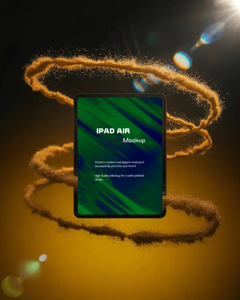 Ipad Air Mockup Floating With Golden Dust Swirls And Sunlight Lens Flare Background