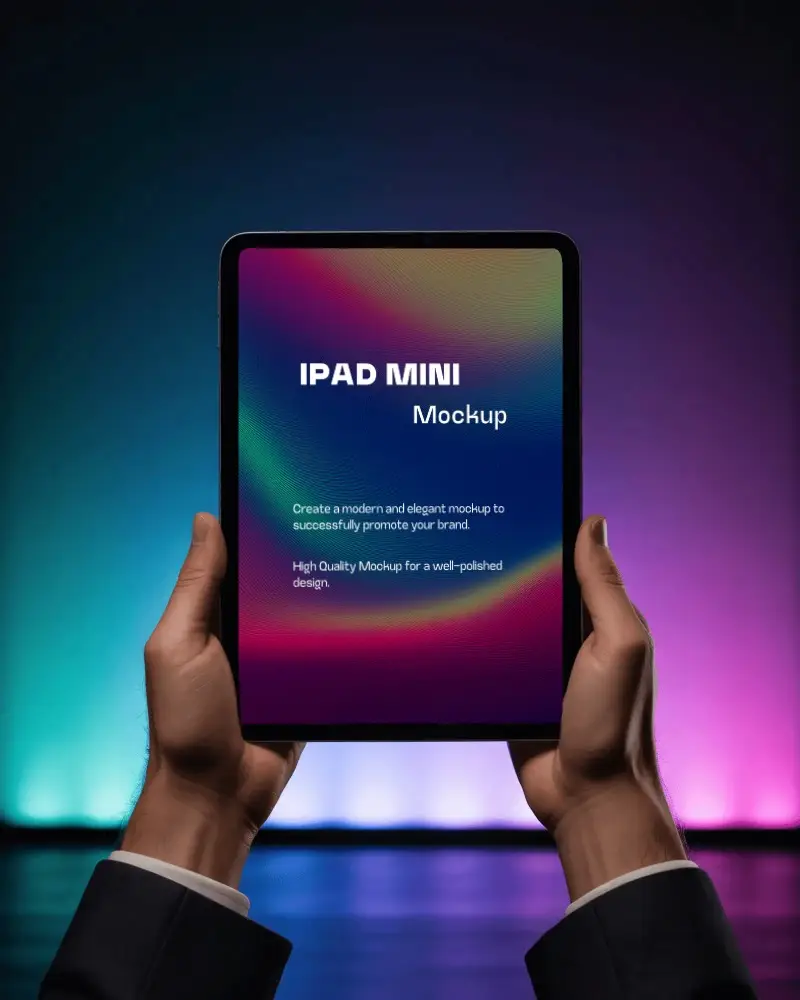 Premium Ipad Mini Mockup Device Held In Both Hands With Gradient Light Effects Background