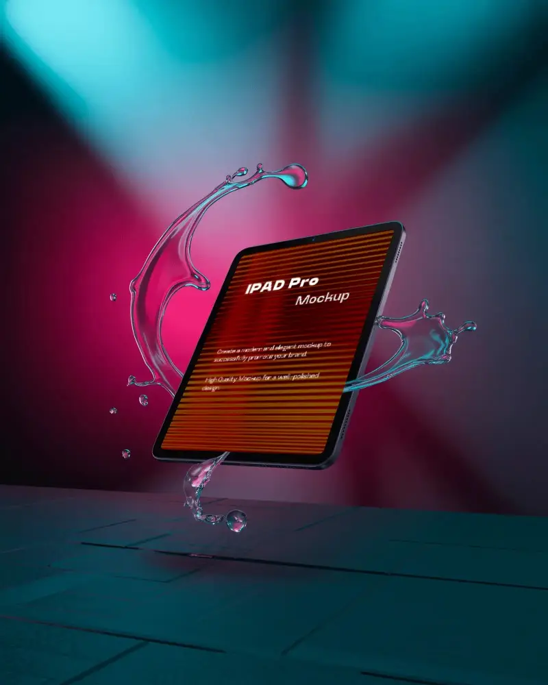 Premium Ipad Pro Tablet Mockup Surrounded By Dynamic Water Motion On Colored Backdrop