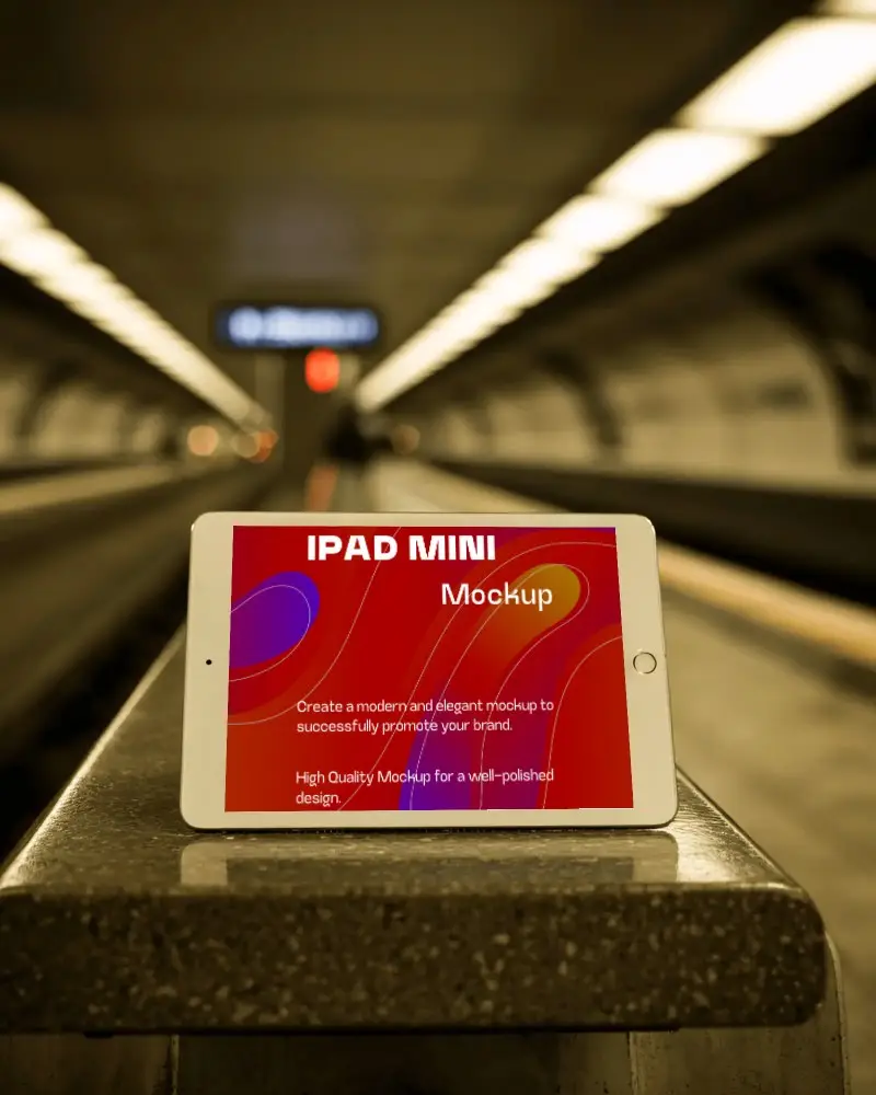 Sleek Ipad Mini Mockup On Concrete Bench With Urban Subway Tunnel Background