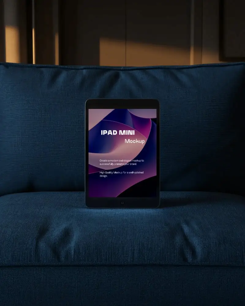 Modern Ipad Mini Mockup On Textured Couch For Digital Presentation Or Advertising