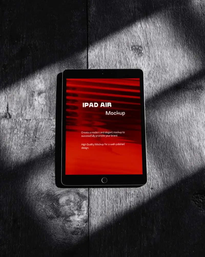 Sleek Ipad Air Mockup On Textured Wooden Background With Contrasting Light For Presentation