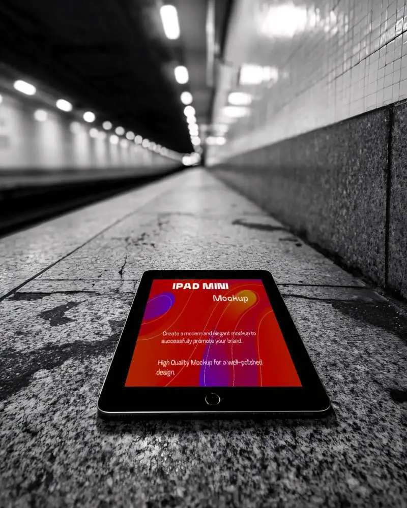 Sleek Ipad Mini Mockup On Textured Platform With Lighting Perspective For Digital Presentation