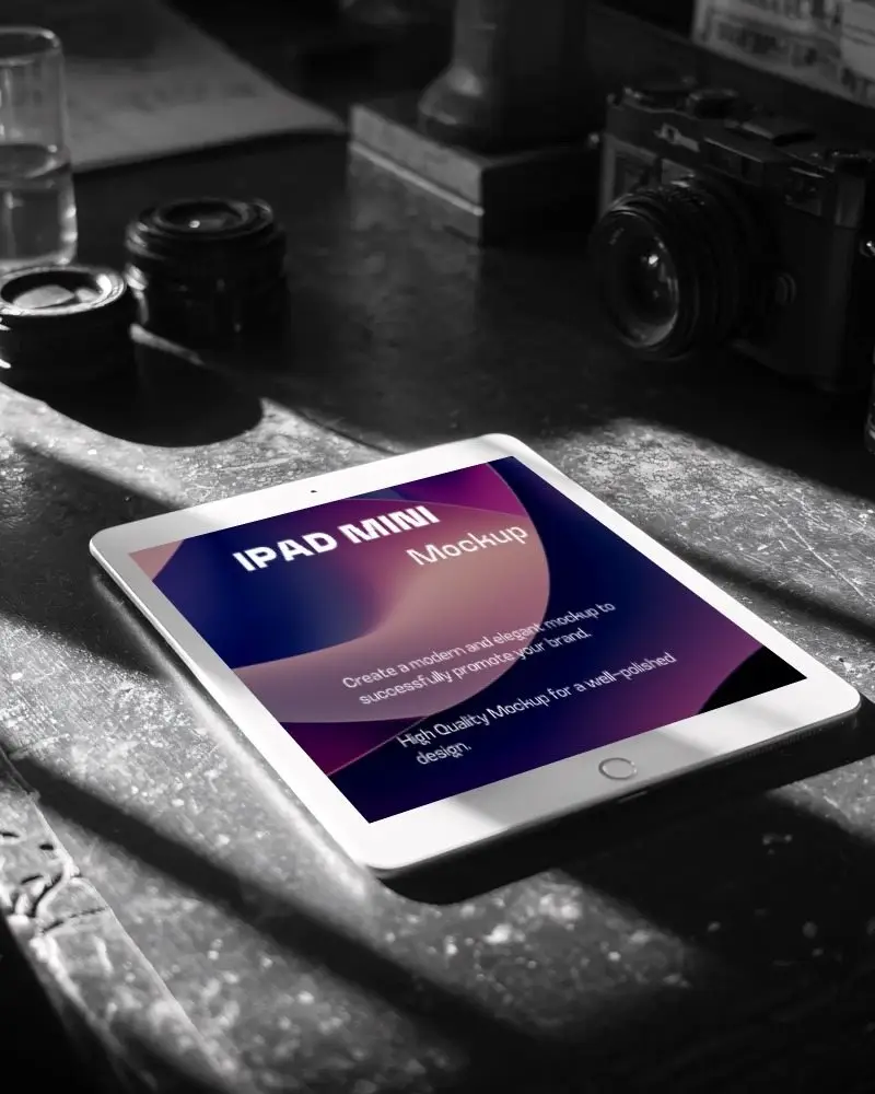 High Resolution Ipad Mini Mockup On Vintage Textured Tabletop For Digital Design Presentations