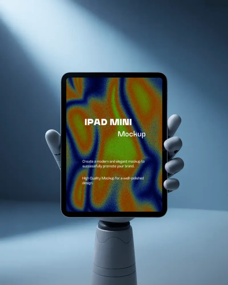 Futuristic Robot Holding Ipad Mini Mockup With Blank Screen For Digital Showcase And Presentation