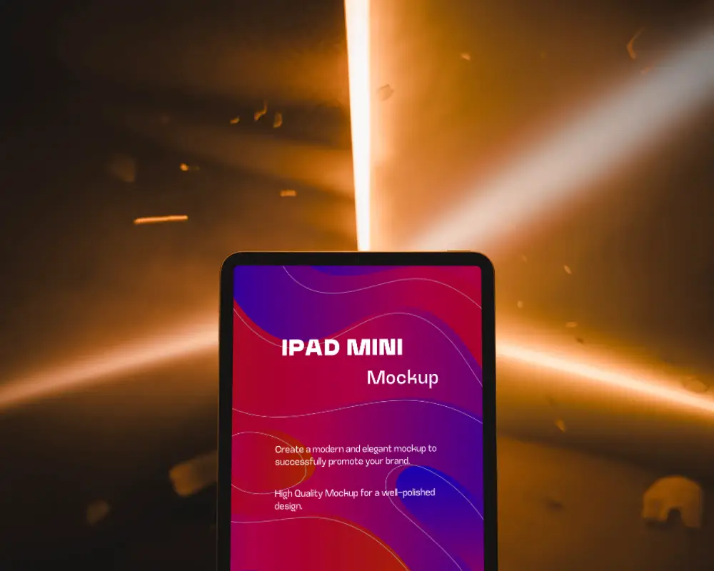 Futuristic Ipad Mini Mockup With Dark Blank Screen And Dynamic Light Effects Around Device