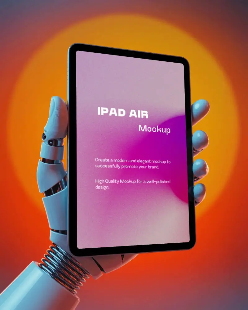 Futuristic Robotic Hand Holding Ipad Air Mockup Digital Tablet Technology Display Frame