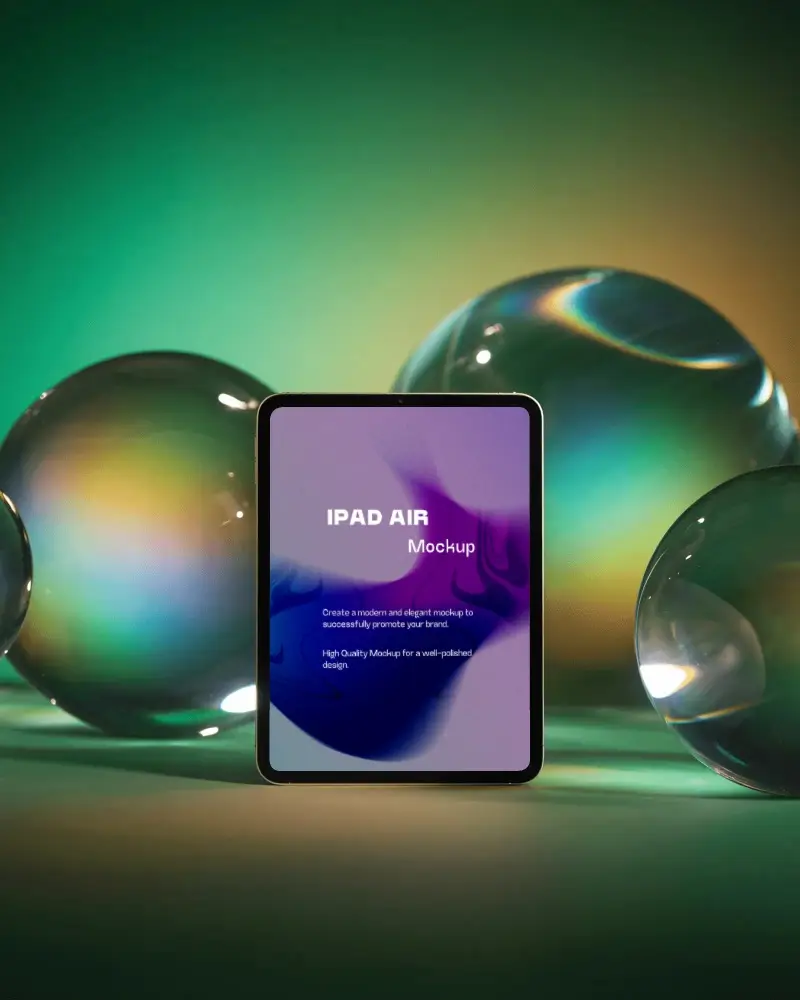 Modern Ipad Air Mockup Display With Colorful Abstract Glass Balls For Digital Showcase