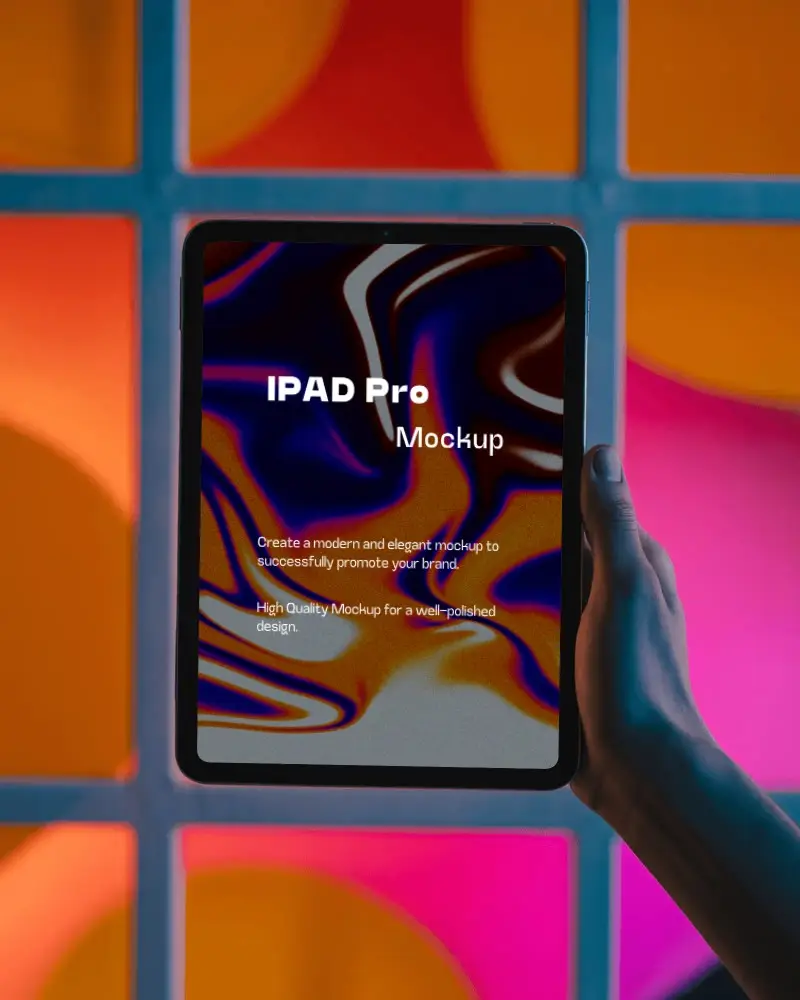 Portable Ipad Pro Mockup Display Digital Tablet Held Front Bright Artistic Backdrop