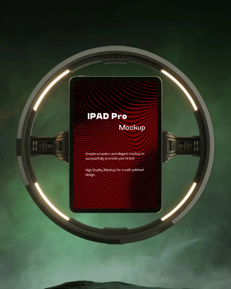 Futuristic Ipad Pro Mockup Floating In Cosmic Ring Light Technology Device Display