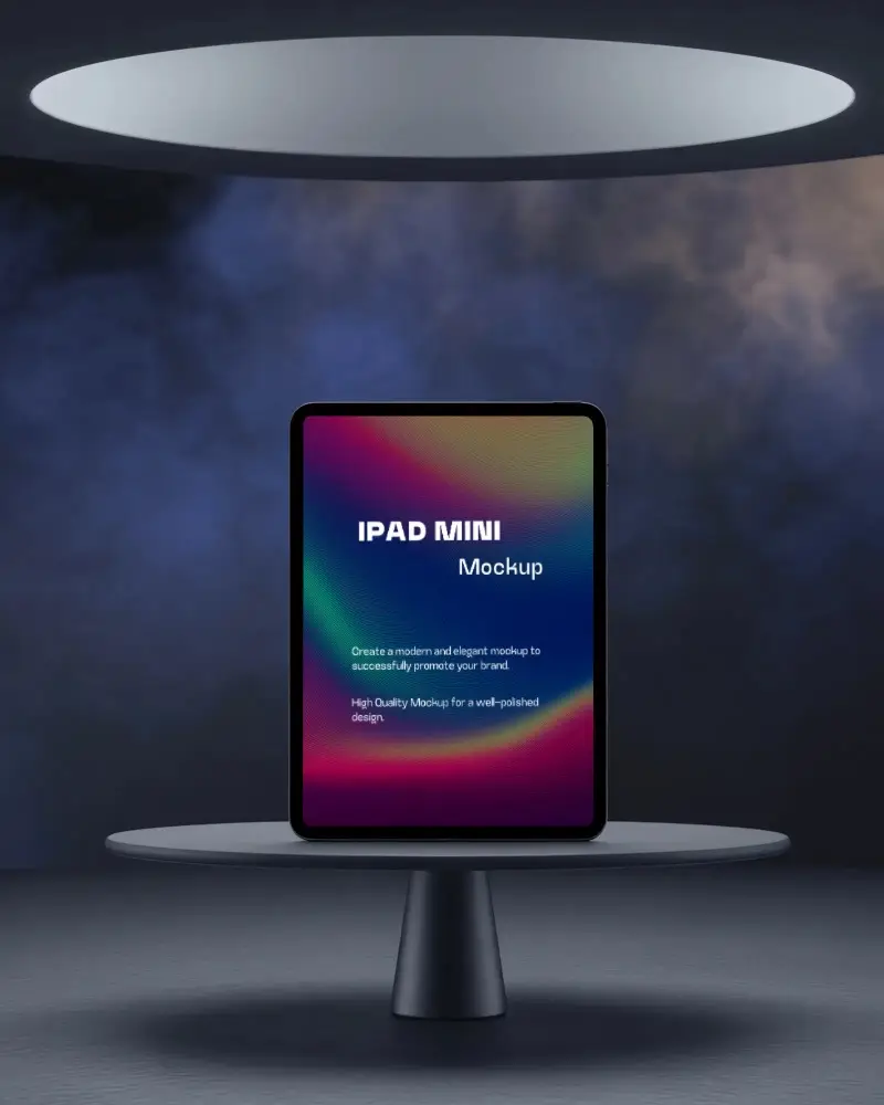 Sleek Ipad Mini Mockup Display On Modern Round Stand With Dark Smoky Background Lighting