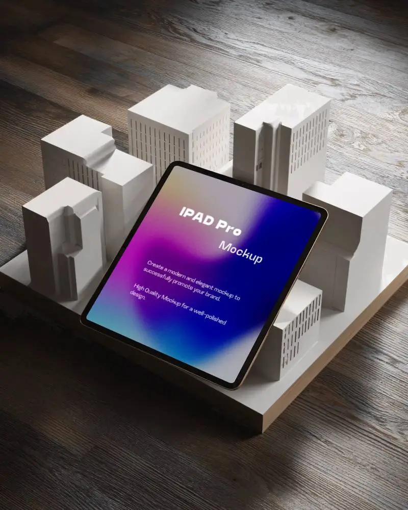 Modern Ipad Pro Mockup With Architectural Model On Wooden Surface For Design Presentation
