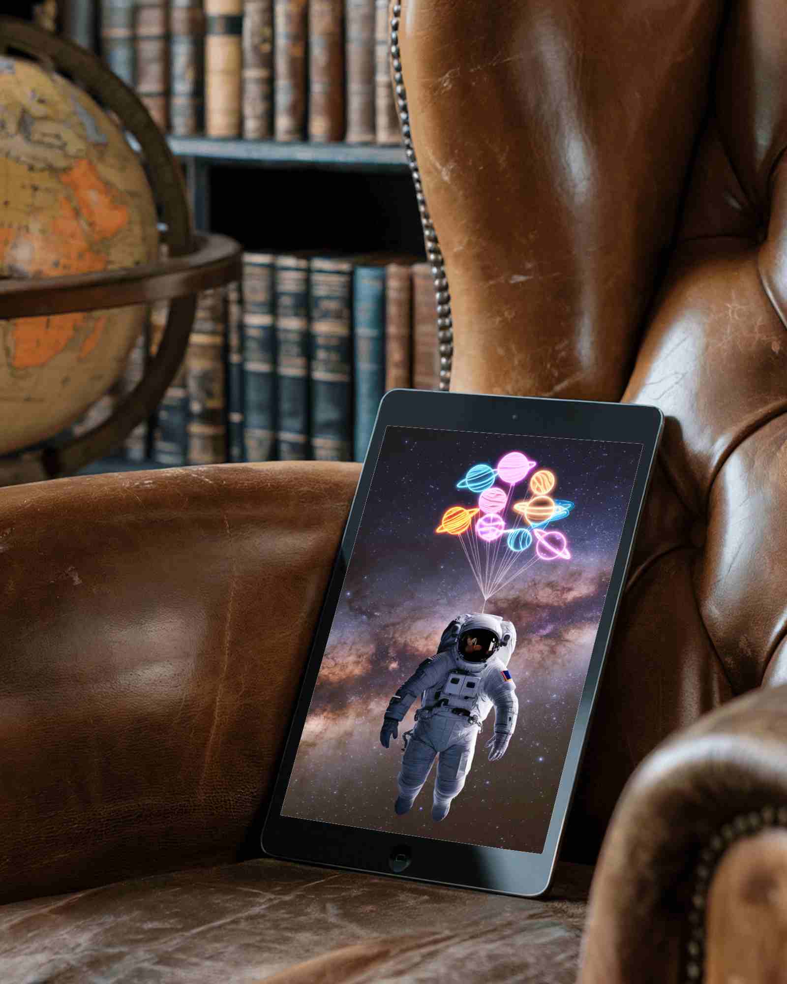 Vintage Library Ipad Mockup Digital Tablet On Classic Leather Armchair With Antique Books And Globe