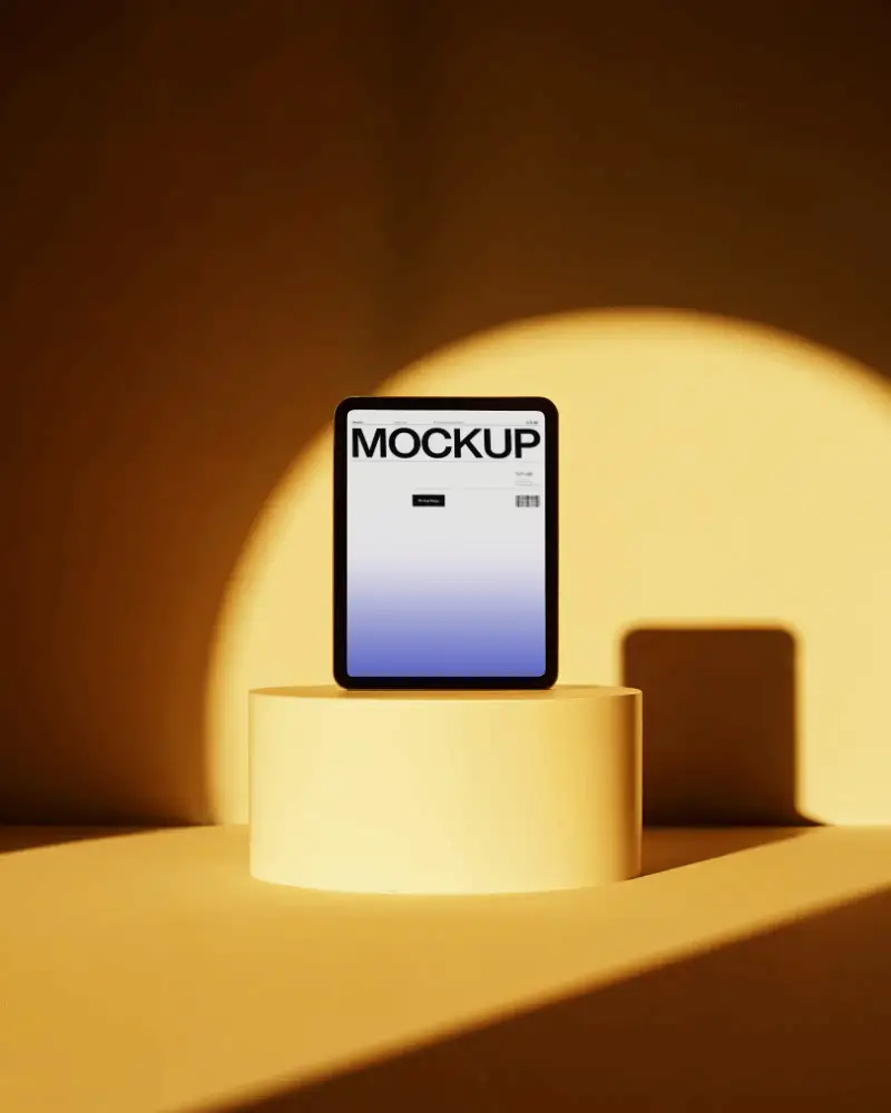 Ipad Mini Mockup Standing On Round Pedestal In Warm Golden Light With Modern Studio Background