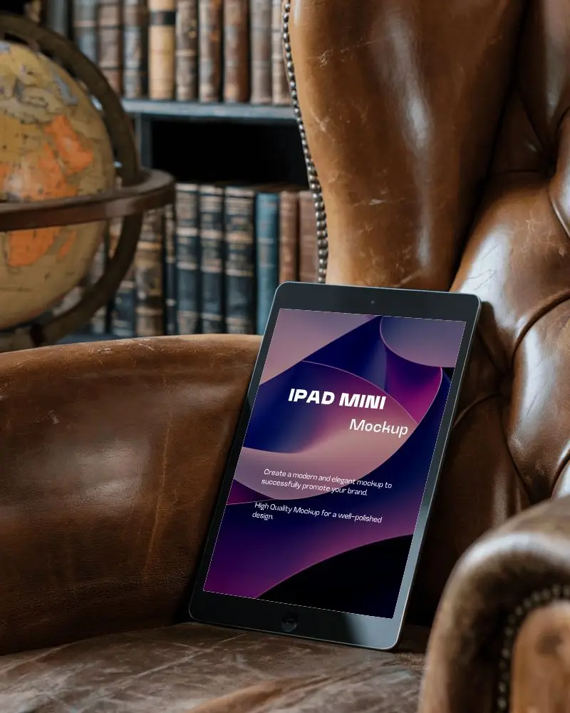 Vintage Library Ipad Mockup Digital Tablet On Classic Leather Armchair With Antique Books And Globe