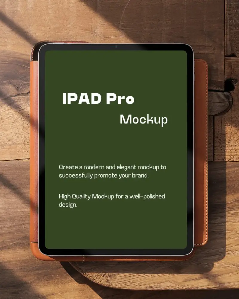 Ipad On Leather Cover Mockup With Rustic Wood Background