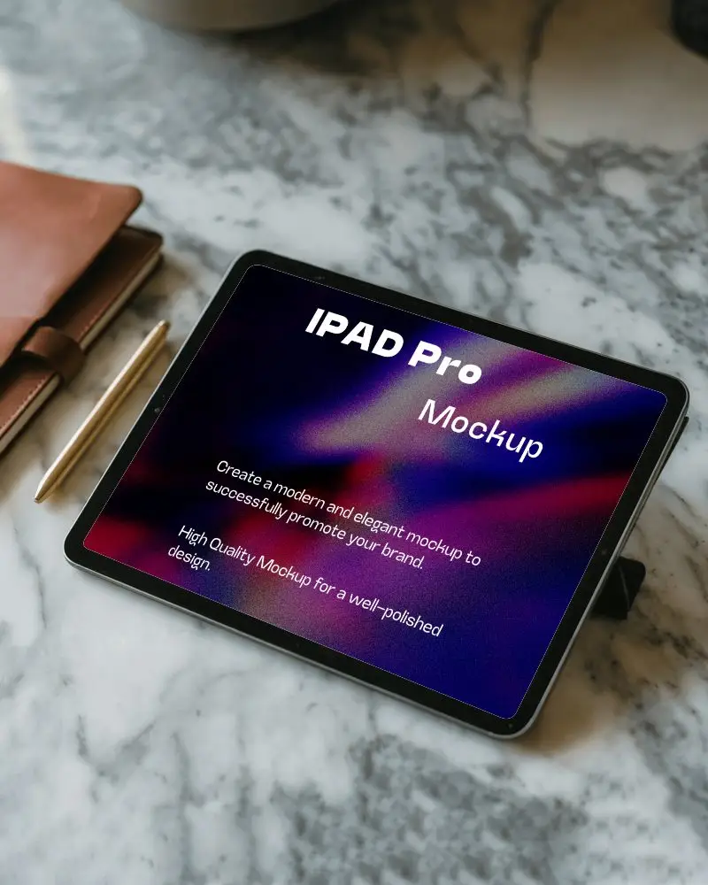 Modern Ipad Mockup Digital Tablet On Marble Surface With Leather Notebook And Gold Pen