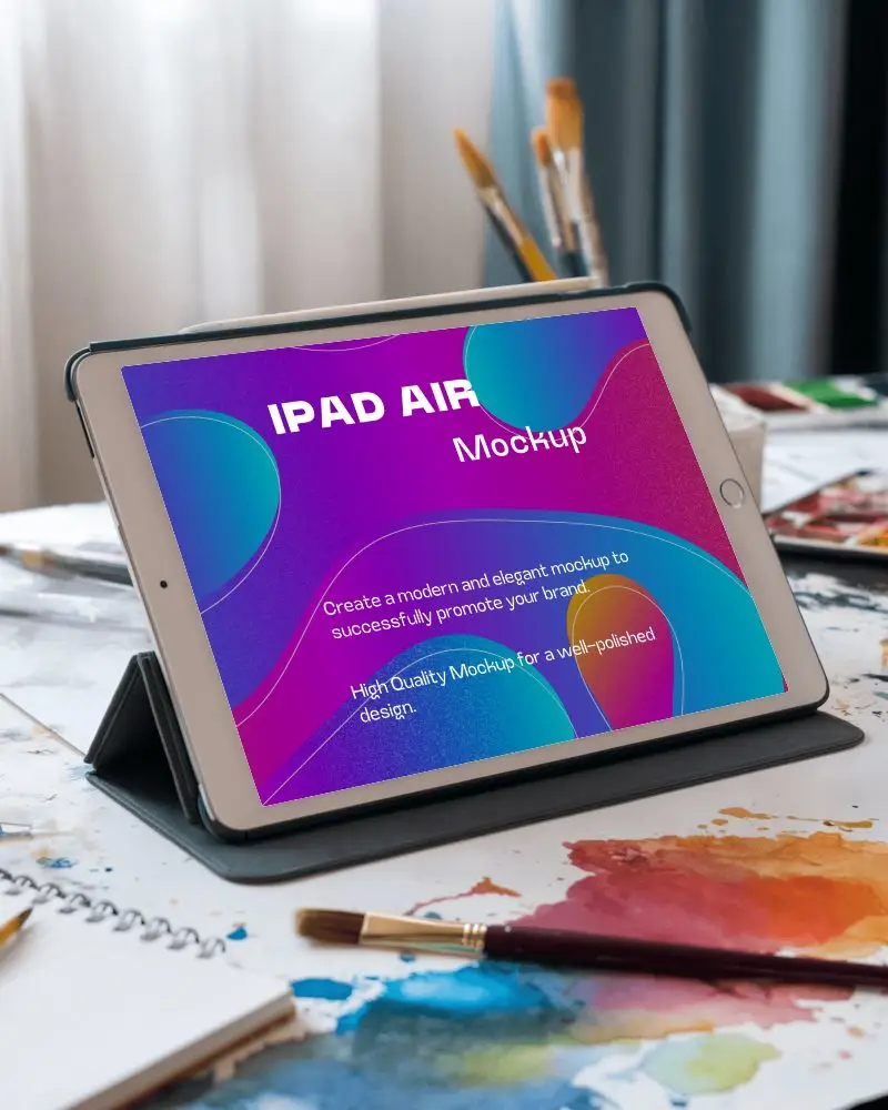 Artistic Studio Ipad Mockup On Desk With Paintbrushes And Watercolor Palette Creative And Inspirational Ambience