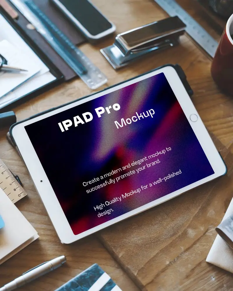 Rustic Workspace Ipad Mockup On Wooden Desk With Office Supplies And Rulers Creative And Organized Setup