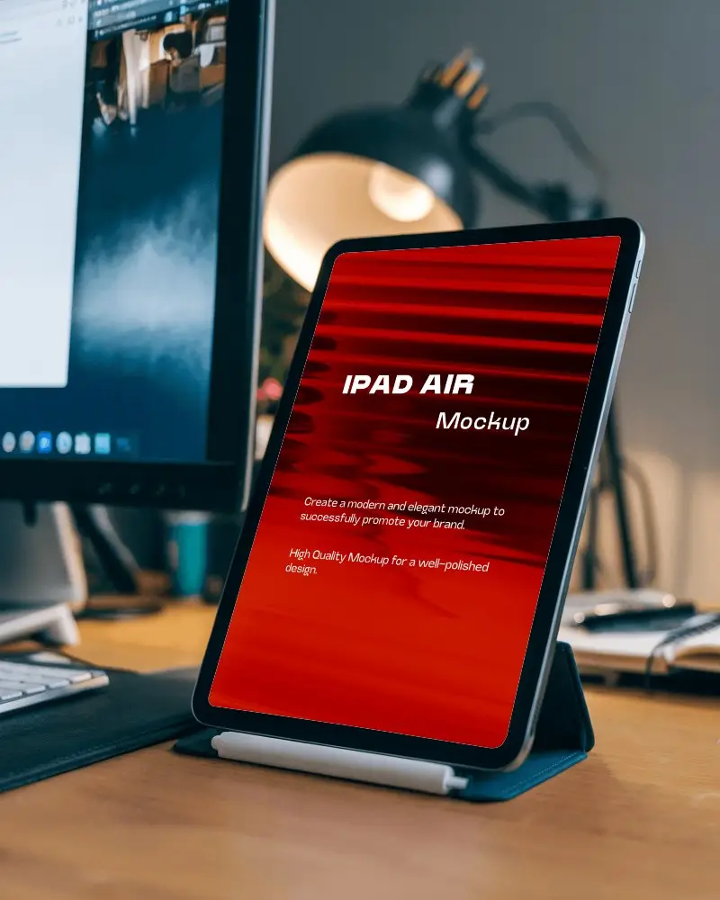 Modern Desk Setup Ipad Mockup On Wooden Table With Desktop Monitor And Warm Desk Lamp Productive And Cozy Workspace