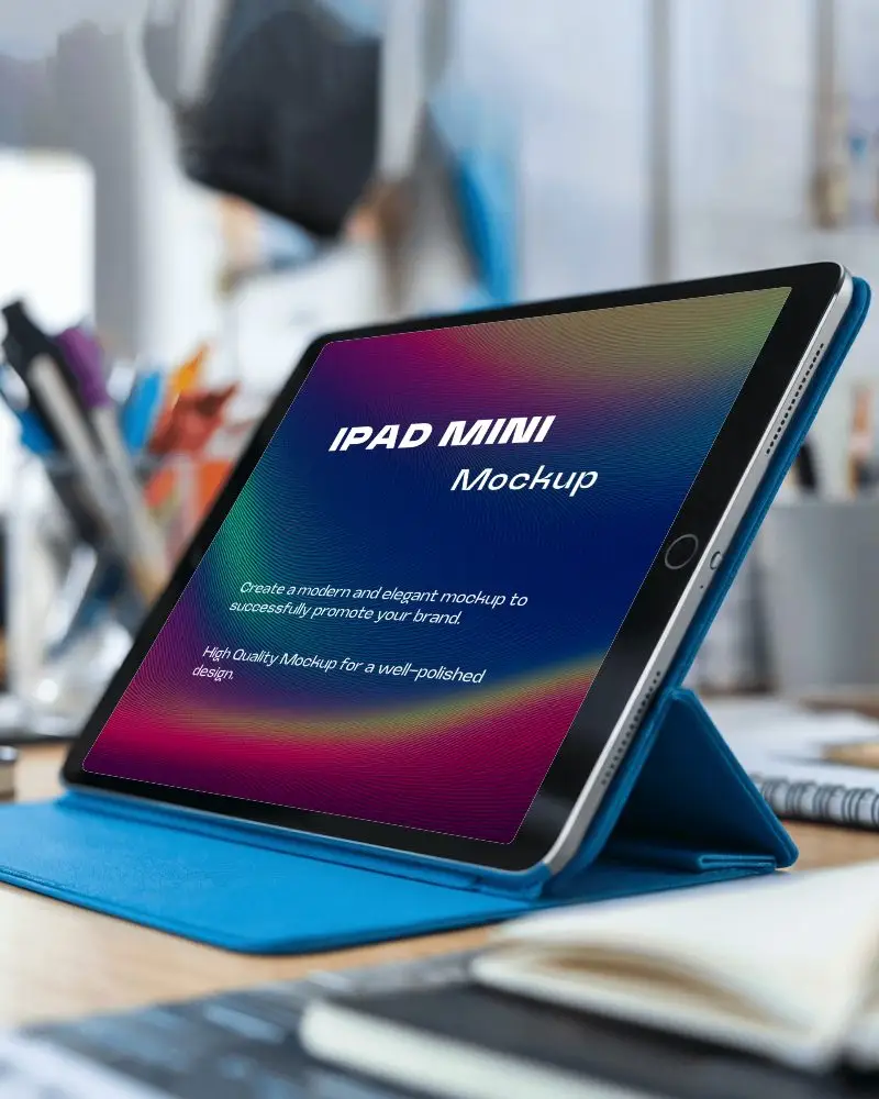 Creative Studio Ipad Mockup On Wooden Desk With Art Supplies And Blue Case Inspiring And Productive Workspace