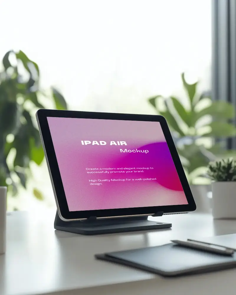 Angled Ipad Mockup Modern Desk With Greenery In Background Natural Lighting And Clean Office Ambience