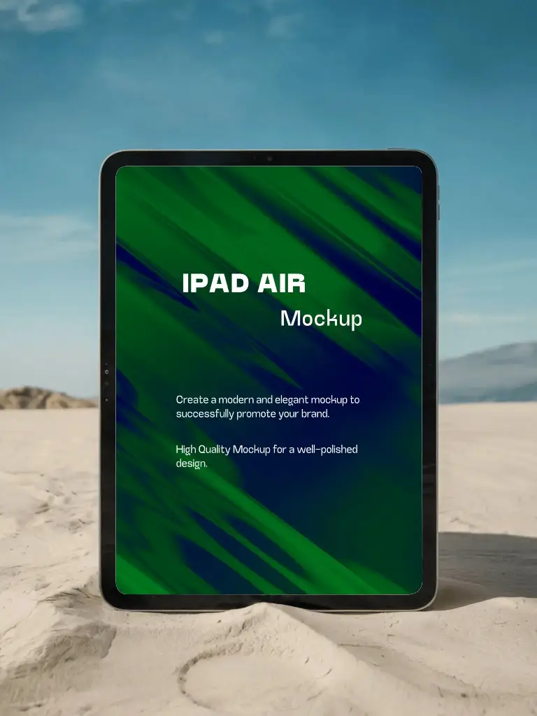 Front Facing Ipad Mockup Standing On Sand With Clear Blue Sky Minimal Outdoor Beach Setting Digital Nomad Vibe
