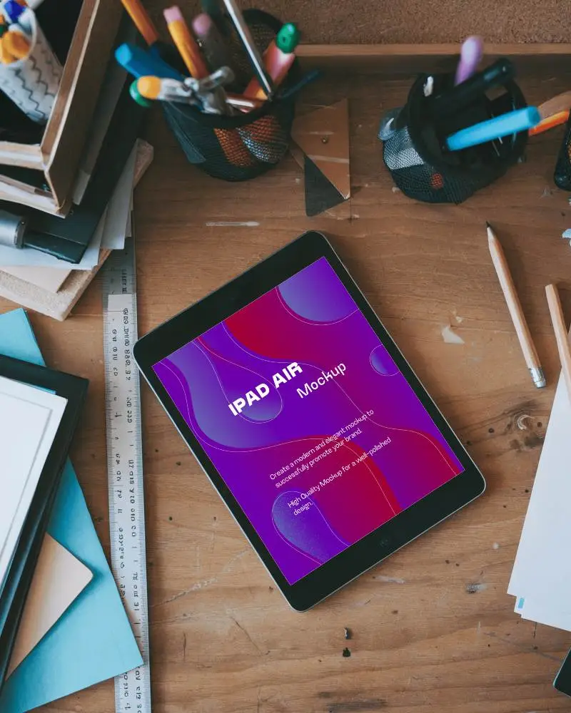 Ipad Mockup On Wooden Desk With Design Placeholder Among Office Supplies Inspirational Creative Space